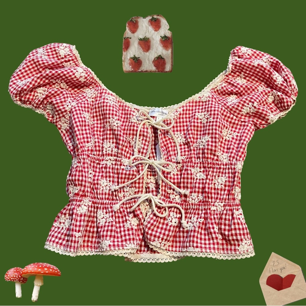 Gingham Lace Cropped Smocked Top Checkered Cute Cottage Fairy Bows L Red NWT